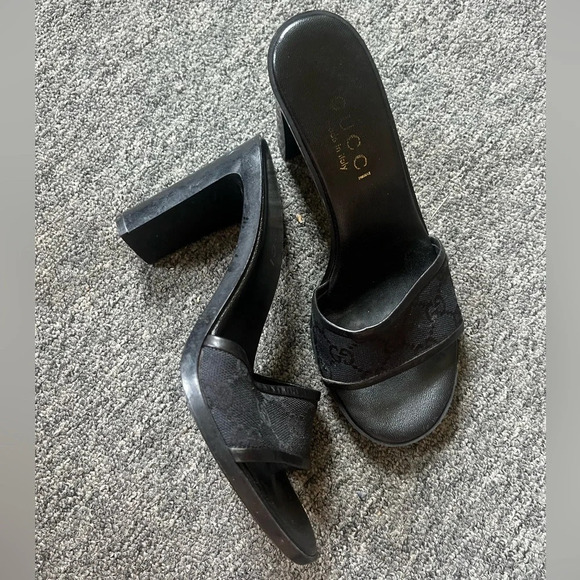 GUCCI | Sandalo Suola Gomma Original GG/Cuoio Maidera Heels in Nero, size 5 - Picture 2 of 9